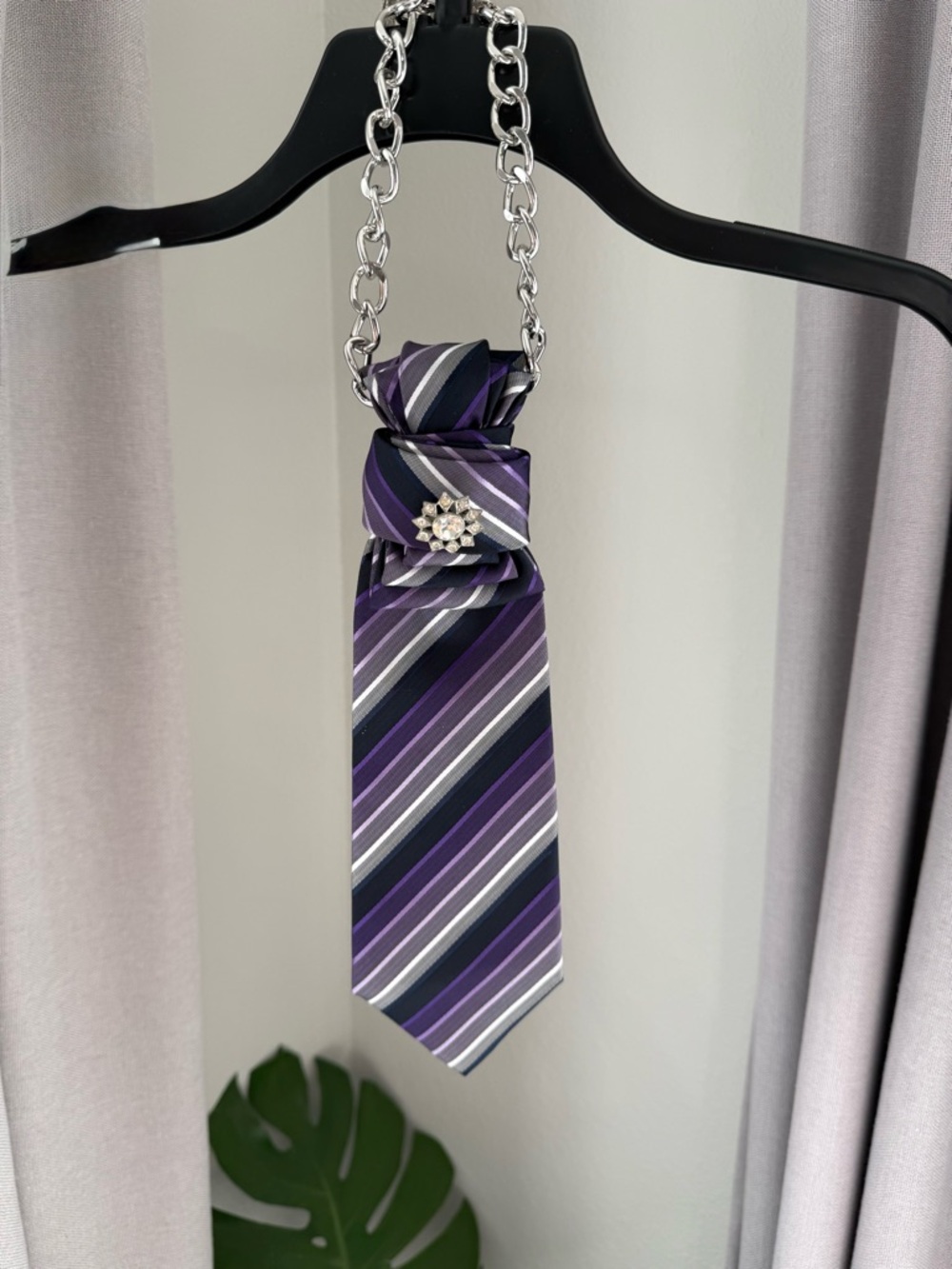 Purple Striped Tie Necklace with Antique Vintage Brooch.